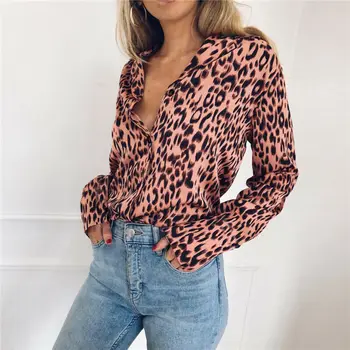 Mados Moterų OLIS V Kaklo Leopard Elegantiškas Marškinėliai ilgomis Rankovėmis Prarasti Dames Viršuje Šalies Palaidinė Streetwear chemise femme Plius Dydis