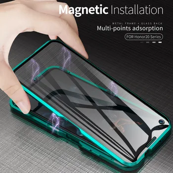 Magnetinės Metalo 360 Stiklo Atveju, Huawei 30 P20 Mate 20 Garbę 20 Pro Lite V20 20i Priekio Atgal Dvigubo Stiklo Pilnas Raštas Dangtis