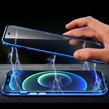 Magnetinės Metalo Telefono dėklas Skirtas iPhone 12 11 Pro XS Max XR X Dvipusis Stiklo Atveju, 
