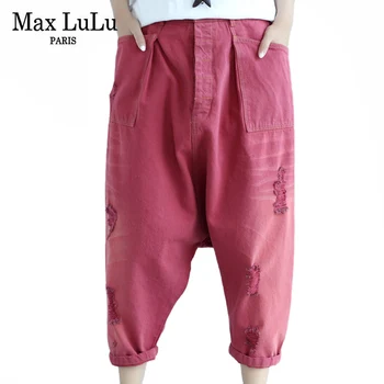 Max LuLu 2021 Pavasario Mados Pantalons Moterų Kankina Vintage Džinsai Ponios Raudonos Laisvas Cross-kelnės Moteriška Džinsinio Negabaritinių Kelnės