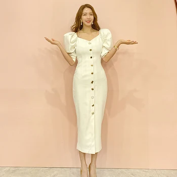 Maxi vienas gabalas korėjos ponios Vasaros balti trumpomis Rankovėmis oficialaus Biuro Šalis Ilga suknelė moterims kinijos drabužių