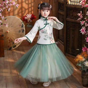 Mergina Kinijos Tradicinės Cheongsam Hanfu Tango Tiktų Pasakų Princesė Qipao Suknelė Vaikams, Naujų Metų Šventė Senovės Kostiumas Rinkinys