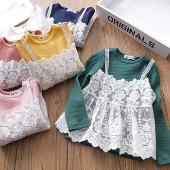 Merginos viršūnes megztinis pavasarį, rudenį, vaikai mados nėriniai medvilnė, viršutinis drabužių baby girl vaikų gimtadienio ilgomis rankovėmis komplektai