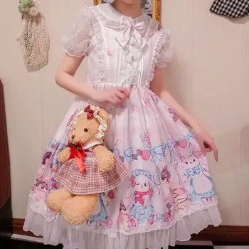 MokoGoddess Japonijos minkštas sesuo spurgos katytė Lolita aukšto juosmens spausdinti rankovių dirželis JSK suknelė moteriška vasaros