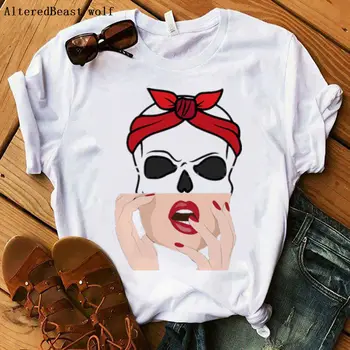 Moterys Susiduria su Skull Red Bandana Mama, T-shirt 2020 Moterų Mados Atsitiktinis Juokinga Mama Marškinėlius Moterų Hip-Hop Spausdinti trumpomis Rankovėmis Viršūnes