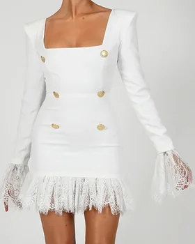 Moterų Baltas Tvarstis Suknelė 2021 M. Pavasarį Seksualus Naują Kvadratinių Kaklo, ilgomis Rankovėmis Mini Suknelė Plonas ir Plonų Dvigubo Breasted Kutas Vestidos