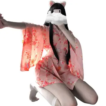 Moterų Japonijos Seksualus, Trumpas Kimono Yukata Gėlių Katė Spausdinti Anime Chalatas Moteriškas Apatinis Trikotažas