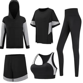 Moterų juoda pilka spalva atitikimo Jogos kostiumas moterų 5-gabalas didelis pratybų kostiumas su gobtuvu prarasti quick dry veikia kostiumas