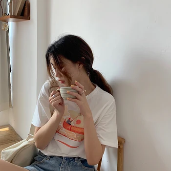 Moterų korėjos Harajuku Prarasti Atsitiktinis Ins Kraštovaizdžio Print T-marškinėliai, moteriški marškinėliai Topai Japonijos Kawaii Ulzzang Drabužiai Moterims