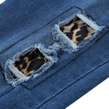 Moterų Liesas Kankina kišenėje Mygtuką Džinsai Vidurio Juosmens Slim Fit Leopard Kratinys Nelaimę Džinsinio audinio Kelnės