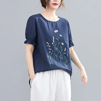 Moterų Medvilnės Skalbiniai Atsitiktinis marškinėliai Naują Atvykimo 2021 M. Vasarą Vintage Stiliaus O-kaklo Gėlių Siuvinėjimas Prarasti Moterų Viršūnių Tees S3322