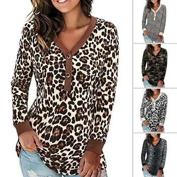 Moterų Palaidinė Rudenį, Žiemą V Kaklo Poliesteris ilgomis Rankovėmis Leopard Paslėpti Mygtukai marškinėliai Palaidinė Street wear ropa de mujer 2021