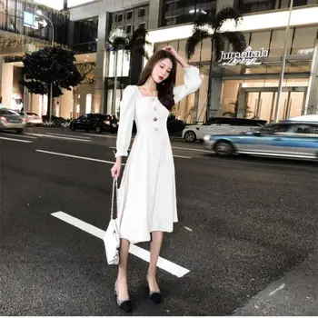 Moterų Pavasarį, Rudenį Šifono Suknelė Moterų Aikštėje Apykaklės vientisos Spalvos Mygtuką ilgomis Rankovėmis Elegantiškas Atsitiktinis Suknelė SS3648