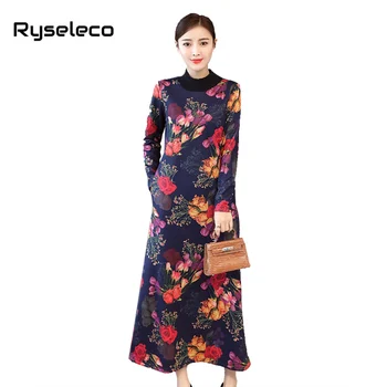 Moterų Žiemos Kinų Stiliaus Prarasti Atsitiktinis Suknelė Moterų Didelis Pliusas dydis Negabaritinių Gėlių Golfo ilgomis Rankovėmis Vilnos Pagrindinio Suknelė 4XL