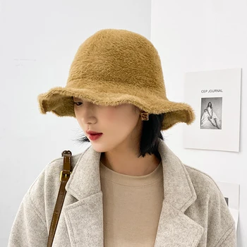 Moterų Žvejys Skrybėlę, Moteris Rudens-Žiemos Didelis Kraštų Furry Kibirą Bžūp Japonijos Korėjiečių Kieto Juoda Dirbtinė Audinės Kailiniai, Sulankstomas Kepurės
