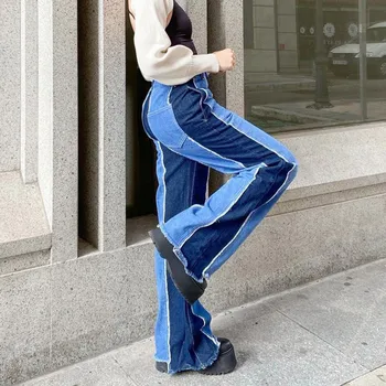 Mėlyna Moterų paaukštintu liemeniu Džinsinio Džinsus 2021New Streetwear Trimitas Kankina Atitikimo Spalvos Spliced Blyksnius Ilgas Kelnes джинсы для девушек