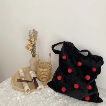 Nauja rudens ir žiemos Visas rungtynes, Minkštas raudonos ir juodos taškų Aksominis maišelis Saldus mergaitė moterų pečių maišą pirkinių dizainerio rankinės