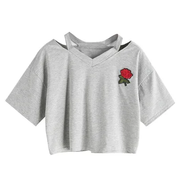 Naujas atvykimo marškinėliai moterims gražių Rožių Trumpas Rankovės Atsitiktinis Marškinėliai V Kaklu mergina vasaros kietas Viršūnes camisetas