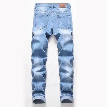 Naujas Mados Streetwear Ripped Jeans Retro Šviesiai Mėlyna Motociklo Jean Vyrai Dizaineris Drabužius, Susikrimtęs Plonas Liesas Džinsinio Džinsus