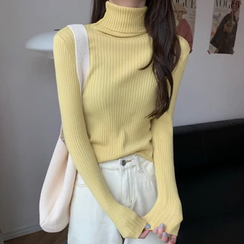 Naujas žiemos ilgomis rankovėmis moteris megztinis aukšta apykakle mezgimo vientisos spalvos puloveriai megztinis