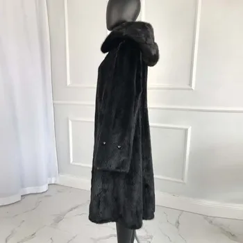 Nekilnojamojo audinės kailio paltas su gobtuvu, ilgai stiliaus prabangus moterų žiemos natūralaus audinės kailio paltas populiarus šiltas visiškai pliaupti visą rankovėmis
