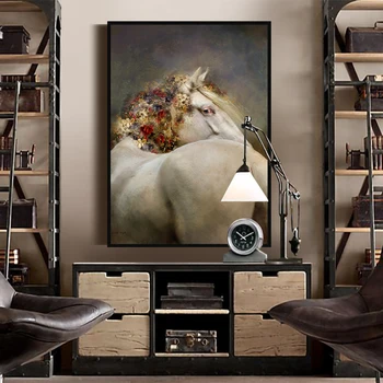 Nordic Black White Horse Drobės Tapybos Plakatų Spausdinimo Arkliai Su Gėlių Sienos Meno Nuotrauką Gyvenimo Kambario, Miegamasis Eilėje