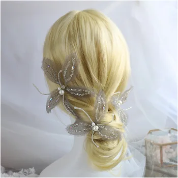 Nuotaka Galvos dėvėti Japonijos-Korėjos vestuvių gėlių plaukų apdailos pilka šilko siūlai, karoliukai, kristalų gėlių staigius nuotaka plaukų aksesuarai