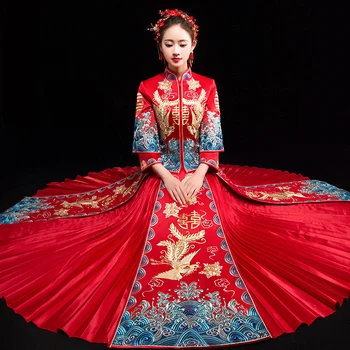 Nuotaka Siuvinėjimo Cheongsam Senovinių Kinų Stiliaus Vestuvinė Suknelė Retro Taurę Drabužių Lady Phoenix Suknelė Santuokos Qipao raudona Drabužiai