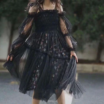 OXANT Moterų Nėrinių Suknelė Mados Užsienio Stiliaus Velniop Kaklo Žibintų Rankovės Gazas Neveikia Gėlių Condole Diržų Suknelė
