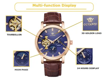 OYW Mens Classic Retro Laikrodžiai Automatinis Mechaninis laikrodis Blue Tourbillon Laikrodis natūralios Odos Neperšlampami Verslo Laikrodis