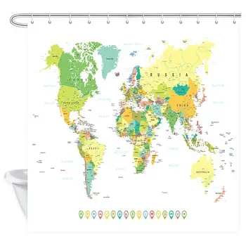 Pasaulio Žemėlapyje Dušo Užuolaidos Vonios, Išsami Geografija Šalių sostines, Audinio Dušo Užuolaidos Rinkinys su 12 Kabliukų