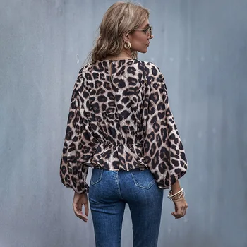 Pavasario/Rudens Ponios Leopardas Spausdinti Marškiniai ir Palaidinės Moterų Mados Madinga Gatvės Stiliaus Raukiniai O-Kaklo Viršūnes Žibintų Rankovėmis Drabužius