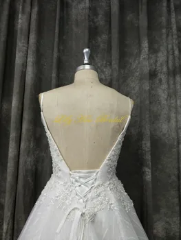 Perlai Papuoštas Vestuvių Suknelė Linijos, Atvira nugara Nėrinių Appliques Viršų Nekilnojamojo Nuotraukas Nuotakos Suknelė