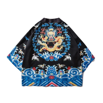 Plus Size Tangsuit Spausdinimo Kimono Skraiste Haori Japonijos Azijos Vyrų Unisex Dragon Yukata Retro Šalies Laisvi juodas Japonijos Mados