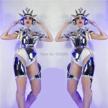 Podiumo, Rodo Moterų Roboto Kostiumas Karnavalo Victoria Sexy Lady vakarinę Suknelę Sidabro spalvos Metalo Kostiumas Šokių kolektyvas Kosmoso LED Kostiumas