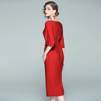 Ponios juosmens kaklaraištis su plonas plonas moteriška suknelė elegantiškas moterų suknelė plius dydžio raudonos S M L XL