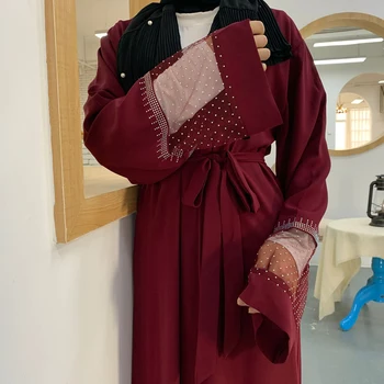 Prabanga Dubajus Abaja Kalnų Krištolas Kimono Jilbab Turkijos Kaftan Moterų Musulmonų Atidaryti Long Maxi Suknelė Islamo Drabužių Marokas Šalis Suknelė