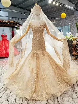 Prabangus Šampanas Aukso Ilgomis Rankovėmis Kamuolys Suknelė Vestuvių Suknelės, Uždusęs Vestuvių Suknelės Vestido De Noiva