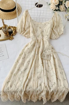 Prancūzijos 2019 naujų elegancija mados moterų suknelės senovinių nėrinių aukšto juosmens lieknėjimo gėlių suknelė