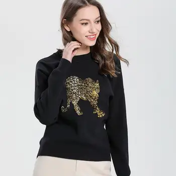 Prekės Ženklo Dizainas Moterų Žiemos Leopardas Spausdinti China Siuvinėjimo O-Kaklo Džemperis Juodos Mados Vintage Megztinis Kilimo Ir Tūpimo Tako Naujų Drabužių 2020 M.