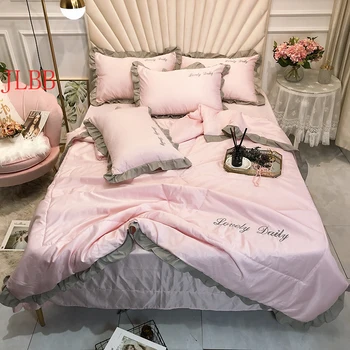 Princesė stilius plauti šilko mesti lova nustatyti 4pcs/set raukiniai kratinys antklodė vasaros antklode 4pcs antklodės nustatyti rožinė lova padengti namų lapas