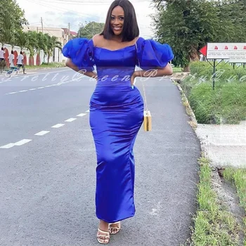 Royal Blue Oficialų Prom Dresses Kulkšnies Ilgis 2021 Trumpas Vyskupas Rankovėmis Samtelis Kaklo Afrikos Moterų Maxi Suknelė Oficialų Suknelė