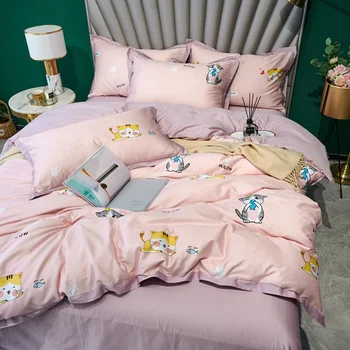 Rožinė Kačių animacinių filmų Patalynės komplektas Egipto medvilnės, satino patalyne, merginos antklode padengti karalienė king size hometexitle