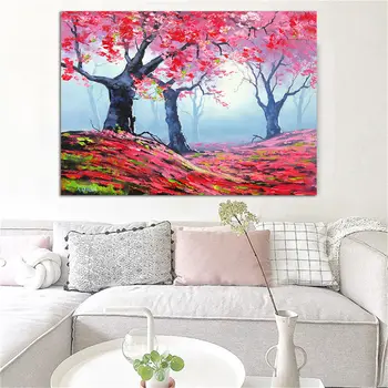 Rožinė kraštovaizdžio medžio, sienos meno tapybos gražus gyvenamasis kambarys, valgomasis kambario sienos spaudinių namų dekoras drobė spausdina tapybos meno be rėmelio