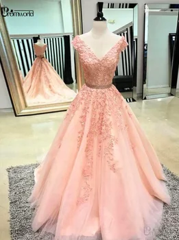 Rožinė V Kaklo Nėrinių Aplikacijomis Zawalcowany Promenadzie Suknelė Bžūp Rankovėmis Prom Dresses Ilgai 2020 Vestidos De Fiesta Largos Elegantes De Gala