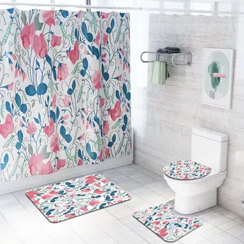 Rožių Gėlių tualeto kilimėlis 4pcs rinkiniai neslidus absorbentas vonios kilimėlis Dušo užuolaidos