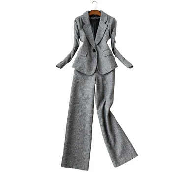 Rudenį ir žiemą, moterų kelnės kostiumas aukštos kokybės verslo drabužiui Atsitiktinis Patikrinti ilgomis Rankovėmis Ponios Striukė Elegantiškas plataus kojų kelnės