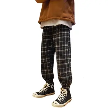 Rudenį Medvilnės Pledas Kelnės, vyriškos Mados Retro Atsitiktinis Kelnės Vyrams Streetwear korėjos Prarasti Hip-hop Tiesiai Pants Mens Kelnės