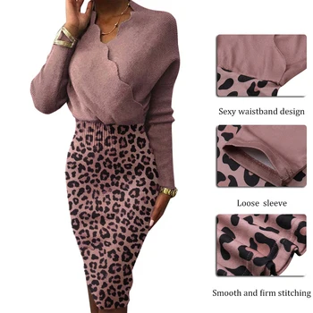 Rudenį Moterų Elegantiškas Banga V-Kaklo Suknelė Mados Šiltas Office Lady Megztas Šalis Suknelė Seksualus Slim Ilgomis Rankovėmis Leopard Suknelė Vestidos