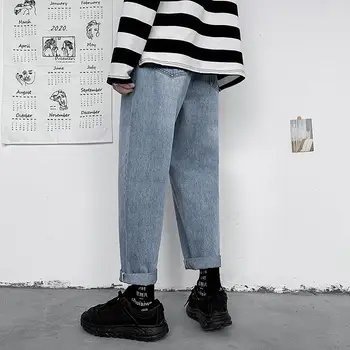 Rudenį Tiesūs Džinsai Vyrų Mados Atsitiktinis Retro Džinsai Vyrams Streetwear Laukinių Prarasti Hip-hop korėjos Džinsinio audinio Kelnės Mens S-2XL